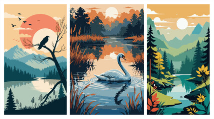 Set of three serene landscape illustrations featuring a swan on a lake, mountain vistas, and forest scenery in flat art style. © hadi