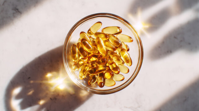 Golden gel capsules in a clear glass bowl, showcasing healthy dietary supplements and natural light on a light surface