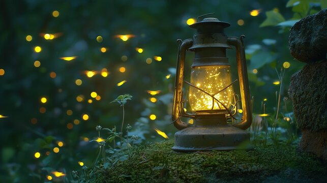 International Watch Firefly Day: A weathered vintage brass lantern sitting on a mossy stone wall surrounded by dozens of glowing fireflies on a warm summer night
