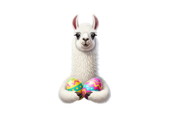 Fototapeta premium Cute cartoon llama holding two vibrant, colorful Easter eggs, isolated on transparent background for festive and whimsical spring designs.