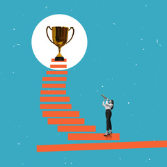 Signpost - business woman with telescope. Business analytics and strategic. Find a way.