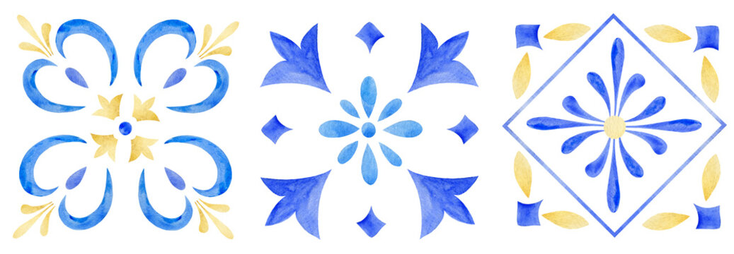 Watercolor decorative Mediterranean tiles elements set. Ornamental design for wrapping paper, textiles, postcards, stationery, borders.