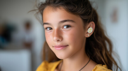 Naklejka premium Portrait of a confident teenage girl with a decorative hearing aid sticker on her device, self-expression, youth identity, hearing aid personalization, disability pride, positive self-image,