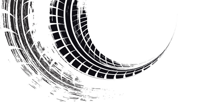 PrintTire track. Car, bike, motorcycle tyre mark with grunge effect isolated on white background. Wheel footprint on the road. Top view of rubber protector mark