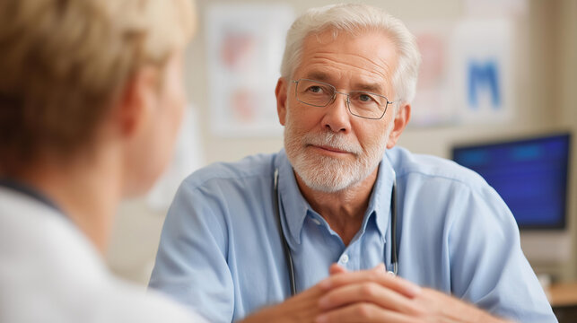 Senior patient discussing hearing test results with an audiologist pointing at an audiogram chart, medical consultation, hearing assessment, treatment planning, professional guidance, with copy
