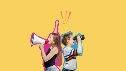 A happy children child with binoculars and megaphone ready for getting knowledge