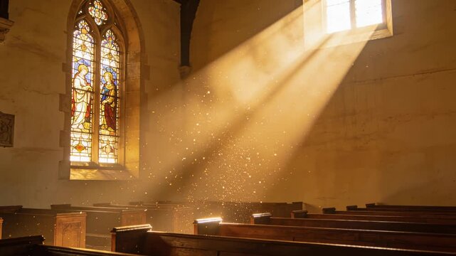 Serene worship setting illuminated by sun rays and dust motes