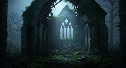 Obraz premium Abandoned Gothic Church Ruins Interior Scene.