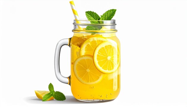 Refreshing Lemonade in a Mason Jar with Mint and Straw.