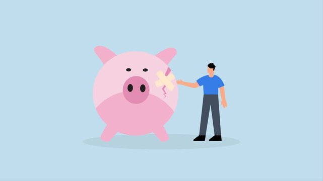 Fix financial problem, 4k animation of Injured piggy bank with bandage symbolizes repairing issues