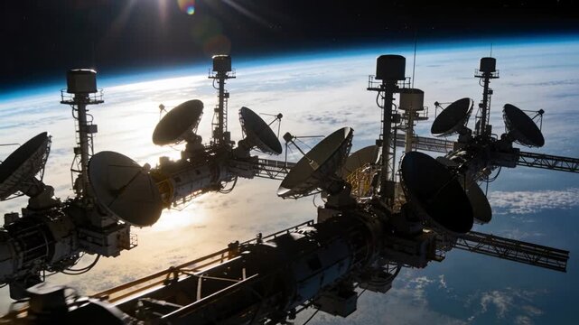 Camera starting flyby, orbital comms module moving above Earth for review, showing rotating dishes