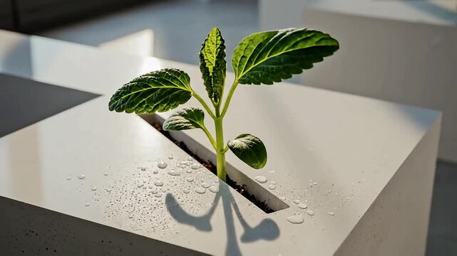Time-lapse of a green seedling sprouting and growing through a slit in modern white concrete architecture with water droplets, urban sustainability concept.