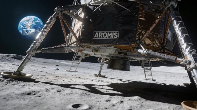 Lander framed, cam pushing forward lower, revealing AROMIS label ladder foil for tech inspection