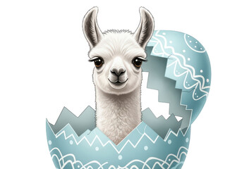 Fototapeta premium Charming white llama head with long eyelashes playfully peeking out from a cracked blue Easter egg, adorned with white patterns, isolated on transparent background.