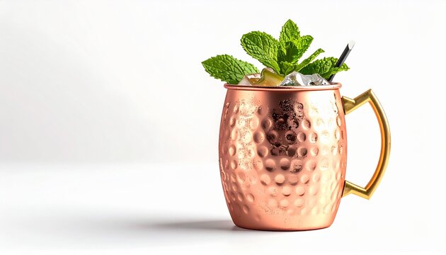 Refreshing Moscow Mule Cocktail in Copper Mug with Mint Garnish.