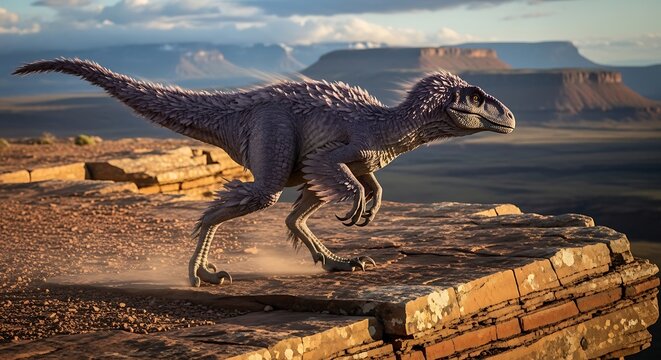Dinosaur Running on Rocky Terrain Landscape.
