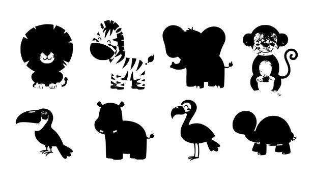 Cute jungle animals vector set with lion zebra elephant monkey hippo birds and turtle