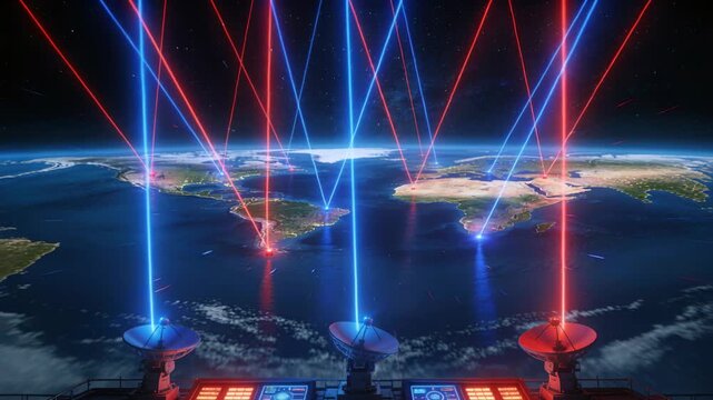 Console pulsing at deck, three dishes emitting red blue beams over Earth, targeting ground