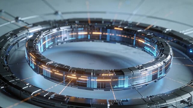 Toroidal assembly powering up, rotating in tech demo, pulsing blue amber indicators for diagnostics