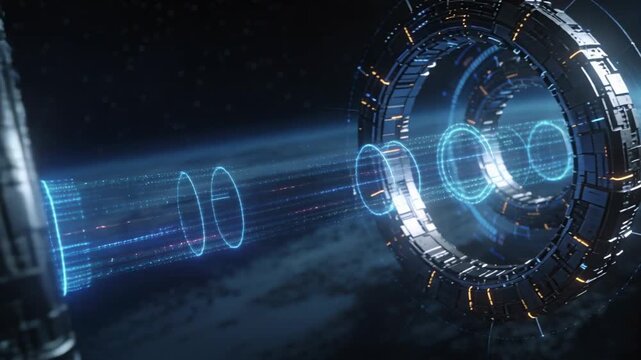 Blue beam pulsing along rings, causing holo disks forming for tech data visuals while cam gliding