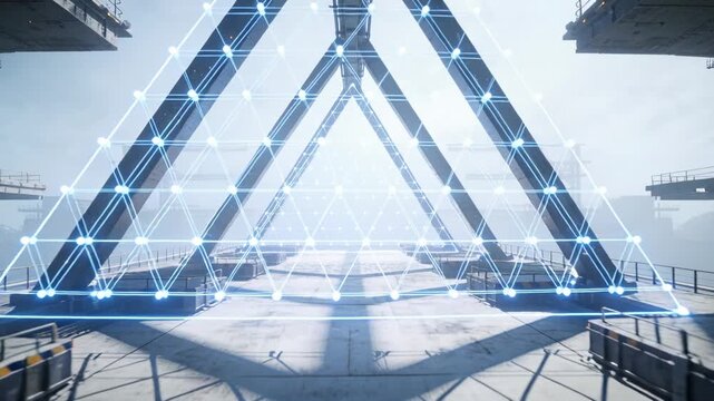 Camera moving blue beams sweeping inward and forming holo lattice overlaying deck for tech mapping