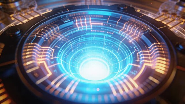 Reactor core intensifying and lighting circuit traces in technology bay under clear dome, pulsing