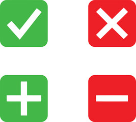 Obraz premium A set of four colorful square icons displaying check mark, cross mark, plus and minus symbols Vector
