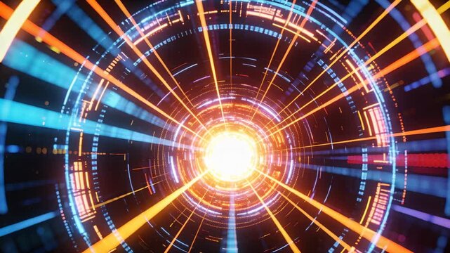 Pulsing luminous core driving rotating rings, sweeping digital ticks and blue beams, adding depth