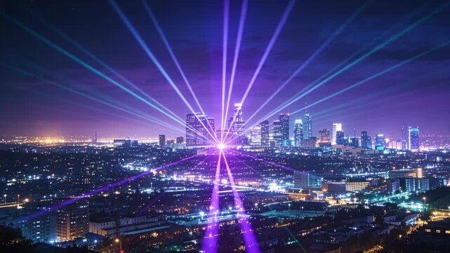 Flaring emitter sending radial lasers from hillside, shifting teal to purple for city event