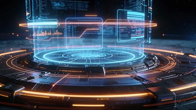 Powering hologram unit assembling above spinning deck on lunar base, showing data with orange rings