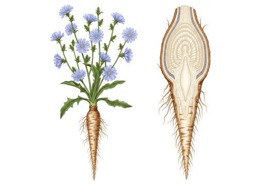 Detailed botanical illustration of a chicory plant showing its root system and delicate blue flowers, with a cross-section of the taproot revealing its internal structure and fibrous texture on a whit