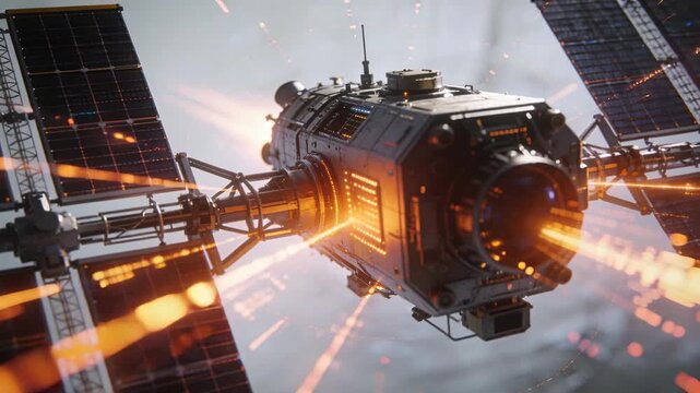 Emitting module sending orange streaks from core aperture in orbit, truss and arrays sparking