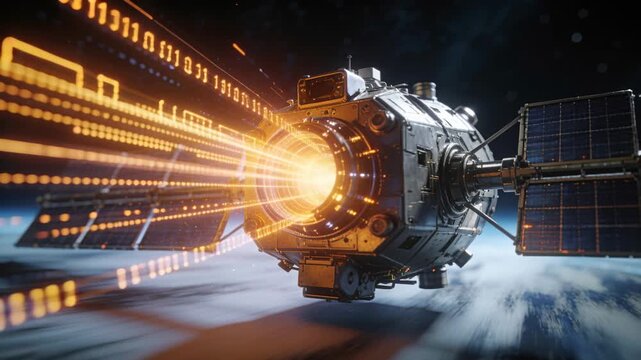 Module forming port-glow, beaming orange satcom data streams past solar array over Earth limb