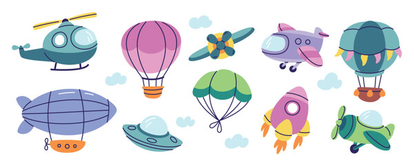 Funny air transport. Kids toys, cartoon planes, airships, hot air balloons, cute helicopters in sky, childish style flying aviation vehicles in clouds, playful elements, garish vector set © YummyBuum