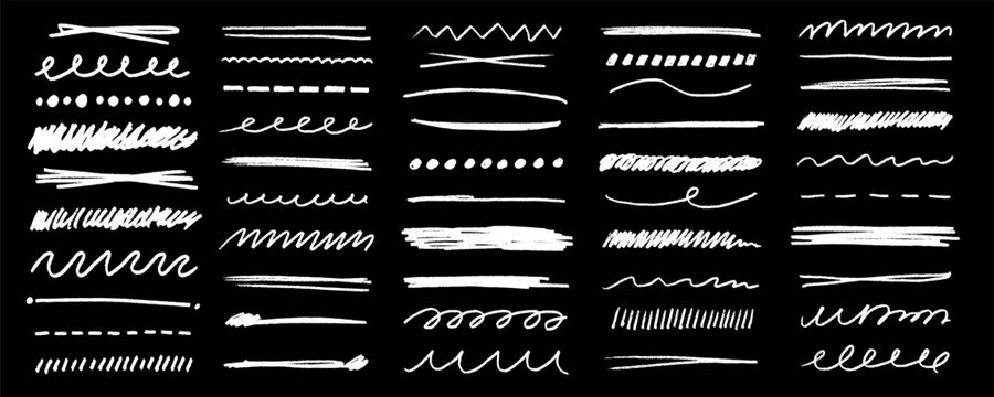 Chalk Scribble Color Pencil Line Set. Chalk Emphasis Brush Pen Underline Kit. Hand Drawn Vector Illustration