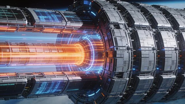 Showing drive module pulsing orange core while camera sliding revealing ringed hull above planet