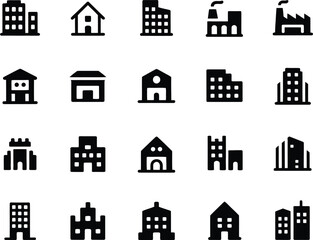 Obraz premium Building and architecture solid icons set featuring houses offices factories urban skyline real estate construction city infrastructure black silhouette collection