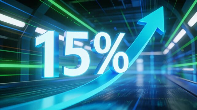 Camera moving forward, large 15% digits and blue arrow surging through neon tunnel showing increase