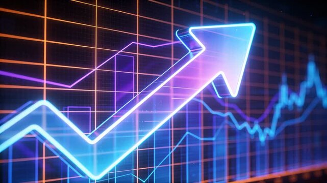 Grid appearing, large neon arrow pulsing upward on large display, indicating market growth