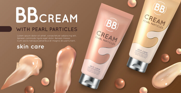 Bb cream poster. Facial skin care, masking pigmentation, foundation cream texture, product promotion banner design, glossy packaging, realistic isolated elements, vector concept