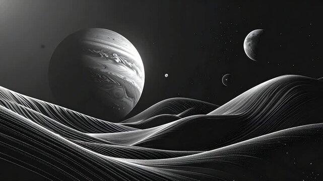 A monochrome illustration of celestial bodies above stylized, wavy terrain