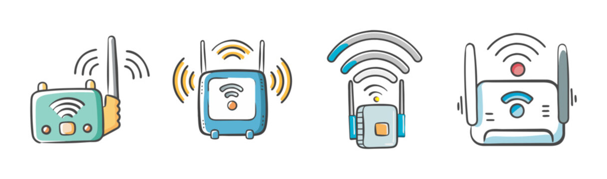 Group of cartoon Wi-Fi extender icons broadcasting wireless signals