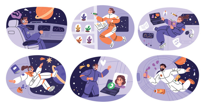 Astronauts characters in spaceship scenes. People in zero gravity aboard rocket, floating cosmonauts, shuttle interiors, futuristic spacecraft exploration garish vector cartoon isolated set