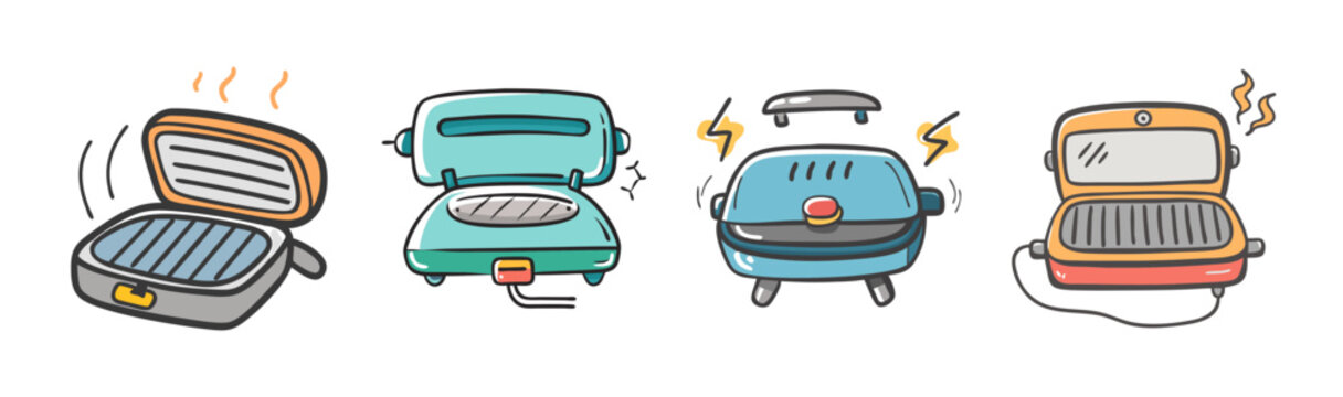 Group of cartoon electric grills and toasters in various colors, some showing heat.