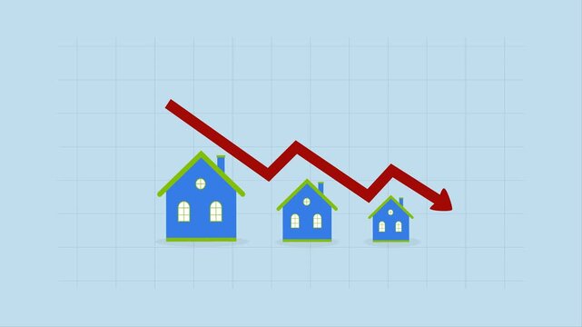 Housing price falling down, 4k animation of Businessman investor and homeowner experiencing decrease in the housing market