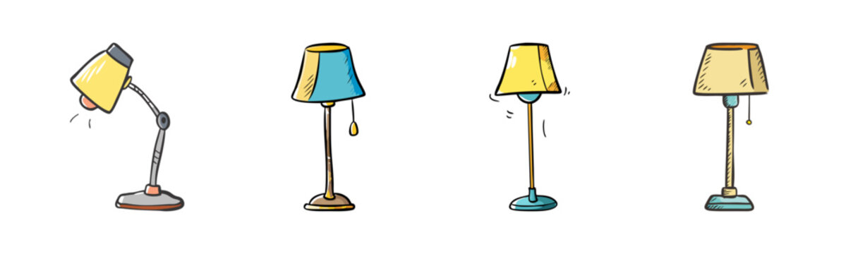 Set of four hand-drawn floor and desk lamps in various styles and colors