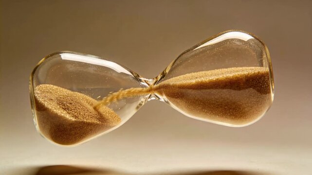 Gravity pulling amber sand through neck, glass hourglass on table forming larger pile in left bulb