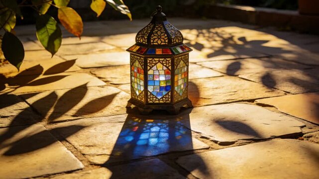 Glowing stained-glass lantern projecting blue glow on patio with shifting sunlight moving leaves