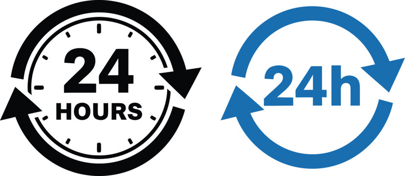 A set of two distinct twenty four hours service icons featuring a clock and a circular arrow sign Vector