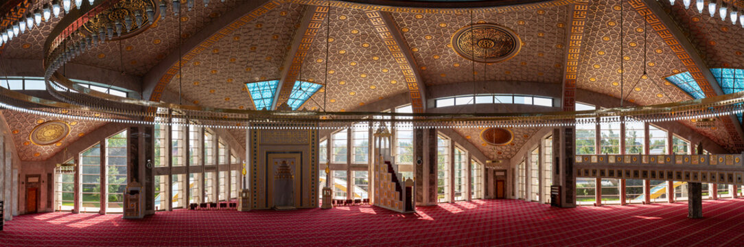 Rich interior design of the modern Mosque "Mother's Heart" in Argun